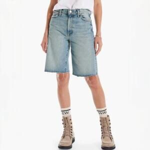 NWT MOTHER SUPERIOR Undercover Knee Fray Short -The Other Side - Blue Denim - 26